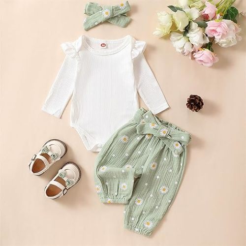 Kaipiclos Newborn Infant Girl Clothes Rib Knit Romper Daisy Print Pants Headband Baby Clothes for Girls Months - 0-3 Months - Daisy Green