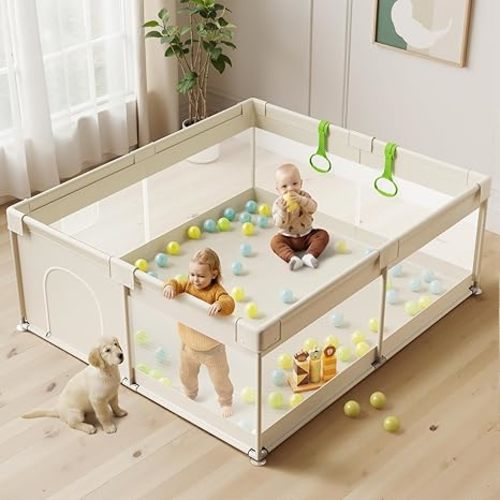 Uanlauo Beige Small Baby Playpen - 47x47in Playpen for Babies and Toddlers, Safe Indoor Play Pen, Baby Pen with Storage Bag and Breathable Mesh