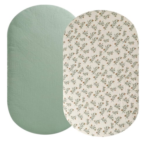 Muslin Bassinet Sheet Compatible with Munchkin, Graco Pack n Play Day2Dream Bassinet,Nordmiex Travel Portable Bassinet, 2 Pack Cotton Fitted Bassinet Sheets for Baby Roman Green & Botanical Leaf