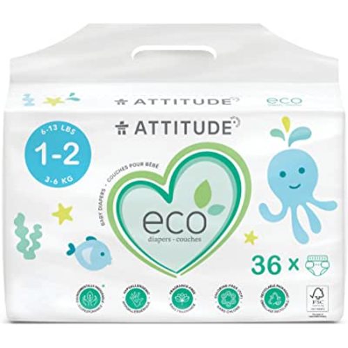 ATTITUDE Biodegradable Baby Diapers, Non-Toxic, Eco-Friendly, Safe for Sensitive Skin, Chlorine-Free & Leak-Free, Plain White (Unprinted), Size 1-2 (6-13 lbs), 36 Count (16220)