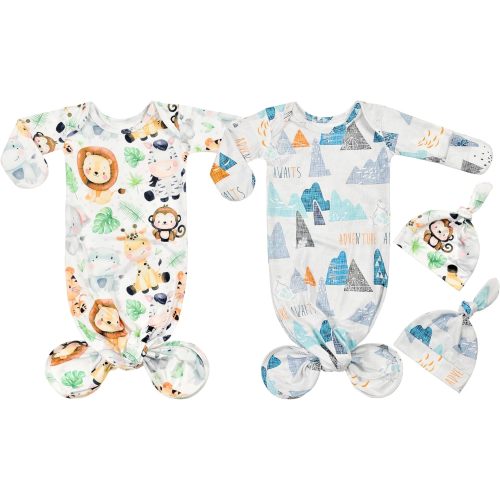 Newborn Baby Long Sleeve Sleeper Gown with Mittens Knotted Gown Coming Home Outfit Nightgown Hat Set 2 Pieces