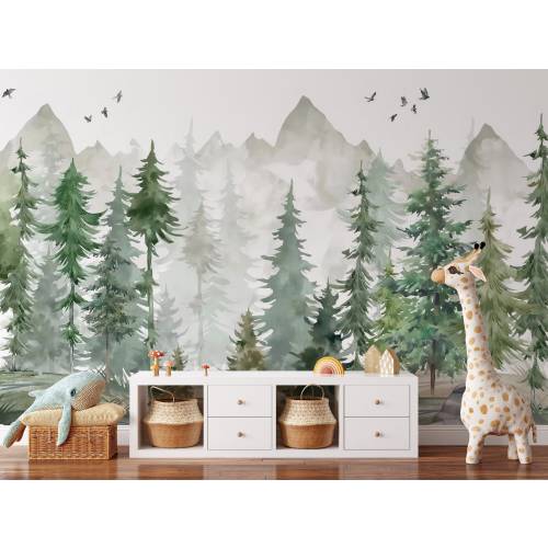 Pine Tree Forest Mural | Foggy Mountains Peel and Stick Wallpaper | Watercolor Woodland Self Adhesive or Pre-Pasted Wallpaper | Eco Friendly
