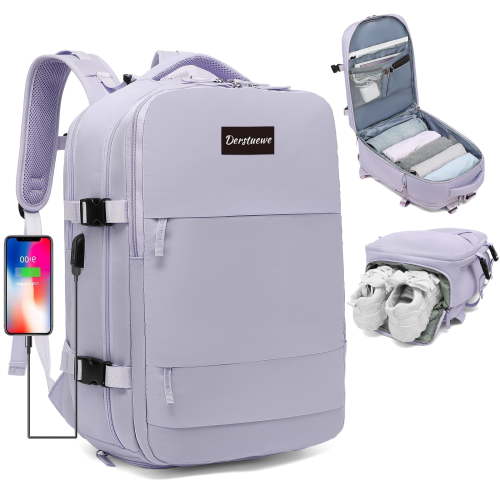 Derstuewe Large Travel Backpack for Women , Carry on Backpack for Outdoor Sports , Waterproof Laptop Bag with USB Port , College Backpack Flight Approved,Purple