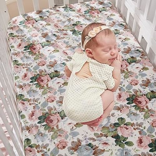 Brandream Fitted Crib Sheets for Girls 100% Organic Cotton French Country Rose Floral Toddler Sheets Nursery Bed Sheet- Blush Pink Peach White Shabby Vintage Flowers