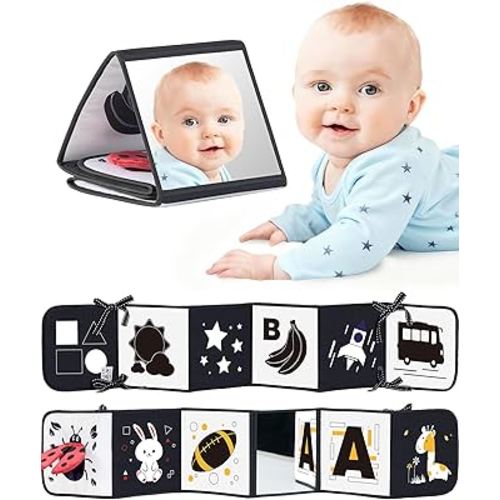 Black and White Baby Books for Newborn - Tummy Time Mirror & Sensory Toys Soft Montessori Toy for Infant Visual Stimulation, Brain Development & Early Learning - High Contrast Toys for 0-6 Months