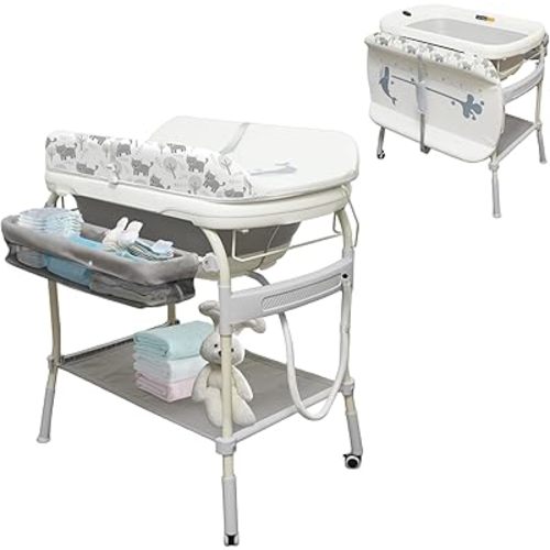 2 in 1 Baby Bathtub with Changing Table, DEYGIA Waterproof Diaper Changing Station Portable Changing Table Adjustable Height Nursery Organizer with Storage Racks for Newborn Infant Toddler