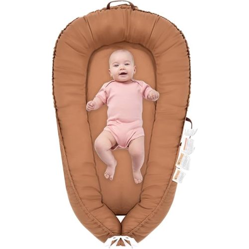 Baby Lounger for Newborn, 100% Cotton Soft Breathable Baby Lounger Newborn Essentials for 0-24 Months, Portable Infant Lounger Baby Nest Cover for Girls & Boys, Co Sleeper for Baby in Bed,Brown