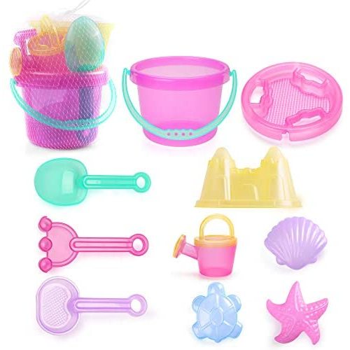 LotFancy 10 Piece Kids Beach Sand Toys Set, Sand Toys for Toddlers, Beach Toy Set with Sand Bucket, Star Shell Castle Mold, Sand Sifter Cover, Rake, Watering Can, Shovel Tool Kit for Kids Outdoor Toys
