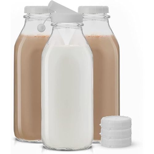JoyJolt Glass Milk Bottles with Lids and Pourer – 32 Oz, 3 Pack Airtight Heavy Duty Reusable Glass Bottles, Leakproof, BPA-Free, Food Grade, Dishwasher Safe Jug, Pitcher for Milk, Juice, and Water