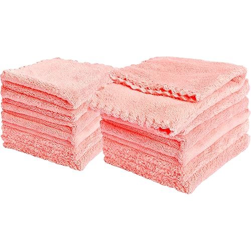 Kyapoo Baby Washcloths 12 Pack 12x12 Inches Microfiber Coral Fleece Extra Absorbent and Soft for Newborns, Infants and Toddlers-Pink