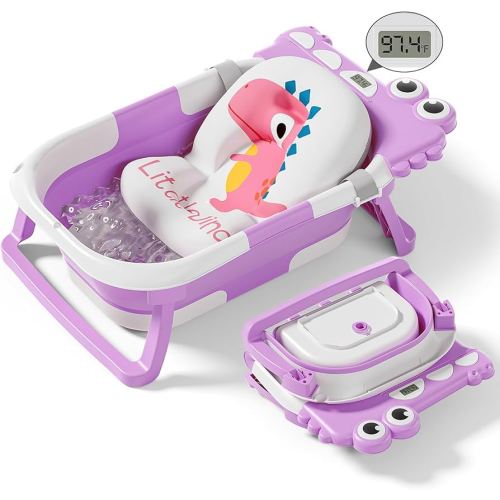 Collapsible Baby Bathtub for Newborn, Foldable Baby Bath Tub with Thermometer & Soft Floating Cushion & Drain Hole, Portable Travel Infant Bath Tubs for Newborns to Toddlers 0-36 Months Girls