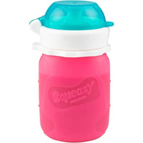 Pink 3.5 oz Squeasy Snacker Spill Proof Silicone Reusable Food Pouch - for Both Soft Foods and Liquids - Water, Apple Sauce, Yogurt, Smoothies, Baby Food - Dishwasher Safe