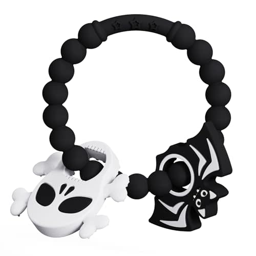 Halloween Baby Teething Ring Toys Skull & Bat Silicone Teethers for Newborns, Infants & Toddlers Sensory Chew Bracelet for Teething Relief Perfect Babys First Halloween Basket Stuffers