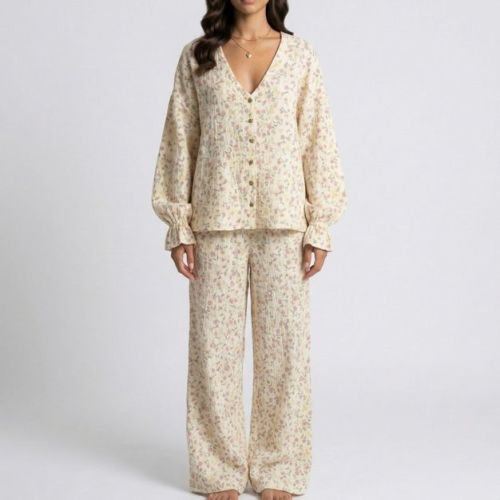 Anna-Kaci Lounge Women's Floral Print Woven Pajama Set with V-Neck Button Down Top and Wide Leg Elastic Waist Pants - Large, Light Beige