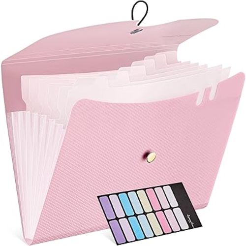 JARLINK 7 Pockets Expanding File Folder, A4 Size Accordion File Folders with 12 Labels, Cute Paper Organizer, Portable Document Organizer for Home College School Office Supplies, Macaron Pink