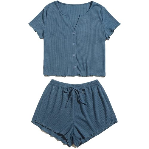 Verdusa Women's 2 Piece Button Down Tee Top and Lounge Shorts Pajama Set