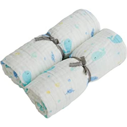 sense gnosis Baby Bath Towel Set of 2 Natural Soft Muslin Cotton Absorbent Quick Dry Bathroom Towels Cute for Babies and Adults Hypoallergenic Breathable Baby Blanket 45 x 45 inch, Whale