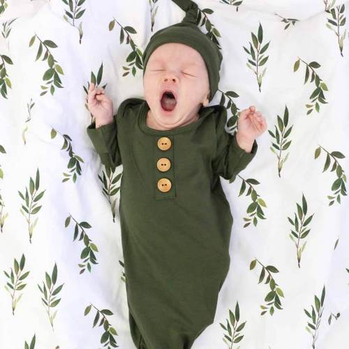 Solid Olive Bamboo Baby Knot Gown & Hat