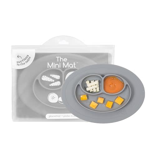 ezpz Mini Mat for 12 Months+ (Gray) - 100% Silicone Placemat + Plate with Suction for Infants + Toddlers - Supports Baby-Led Weaning - for Highchair, Dining Table and Travel