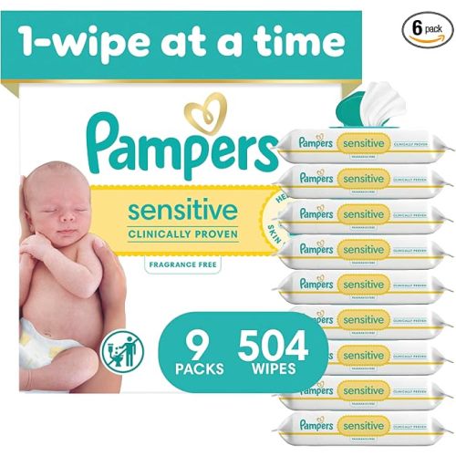 Pampers Sensitive Baby Wipes, Clinically Proven, Fragrance Free, Unscented, Water Based, Hypoallergenic, Multi-Use, Hand Wipes 504 Wipes Total (6X Flip-Top Packs) [Packaging May Vary]