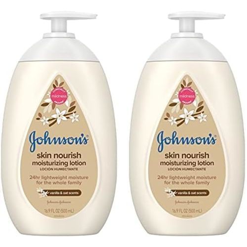 Johnson's Baby Skin Nourish Moisturizing Baby Lotion for Dry Skin with Vanilla & Oat Scents, Gentle & Lightweight Body Lotion for The Whole Family, Hypoallergenic, Dye-Free, 16.9 fl. oz (Pack of 2)