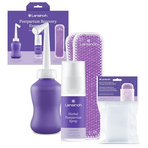 Lansinoh Postpartum Essentials Kit, Includes Upside Down Peri Bottle, Herbal Perineal Spray, Reusable Perineal Ice Packs and Sleeves