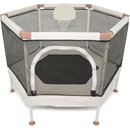 Kids Trampoline, Aesthetic Indoor and Outdoor Toddler Trampoline with Safety Net, Basketball Hoop, 220lb Capacity, Ultra Safe No-Gap Design, Gifts for Boys & Girls