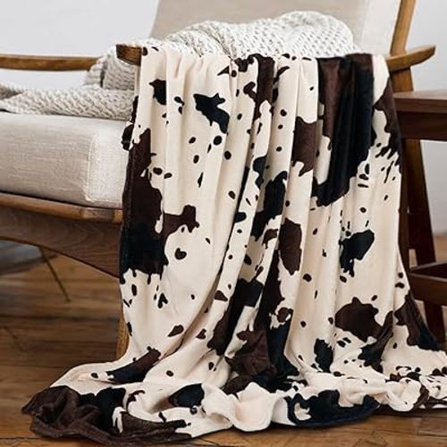 Cow Print Blanket Animal Brown Black Milky White Faux Fur Throw Blankets Western Cute Flannel Fleece Decorative Bed Sofa Office Blanket 60"x50"