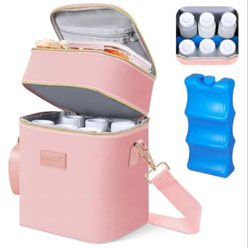 PIIOSER Breastmilk Cooler Bag with Ice Pack Fits 6 Baby Bottles Up to 9 Ounce, Insulated Baby Bottle Tote Bags, Double Layer Waterproof Leak-Proof with Shoulder Strap for Nursing & Working Mom (Pink)