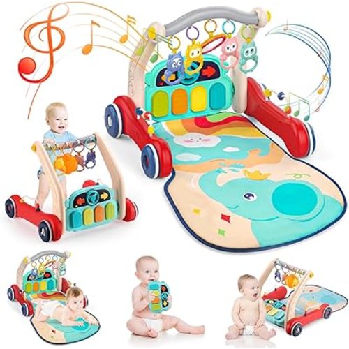 Baby Play Mat Baby Gym, 2 in 1 Baby Walker Tummy Time Baby Activity Mat with 5 Infant Sensory Baby Toys, Music and Lights Baby Floor Play Mat as Birthday for Baby and Toddler