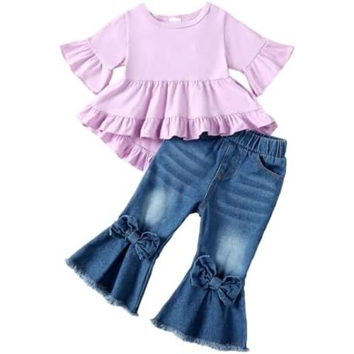 Kucnuzki Toddler Baby Girls Clothes Short Sleeve Shirt Top Flare Denim Jeans 2 Piece Outfits For Girls Cute Clothing Set