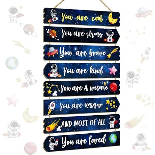 Boys Kids Space Dino Game Rainbow Affirmation Wall Decor Art For Toddler & Baby Nursery Room Wood Signs & Decorations, Space