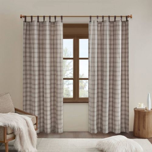 50"x84" Madison Park Light Filtering Preston Plaid Faux Leather Tab Top Curtain Panel With Fleece Lining: Brown, Thermal Insulated