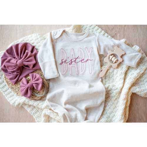 Baby Sister Girl Knotted Gown and bow set, custom coming home outfit for girl, baby shower gift, purple pink floral, cottagecore baby outfit
