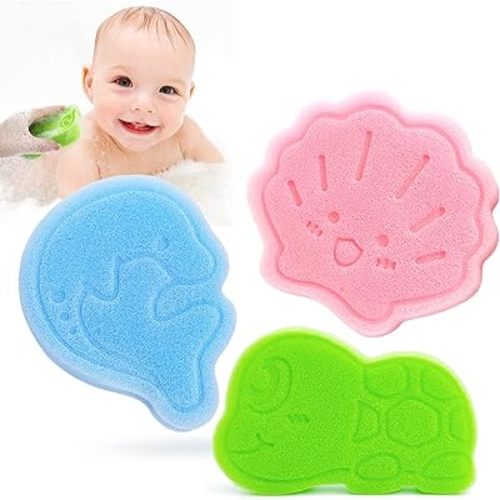 Baby Bath Sponge, Natural Cute Shapes Soft Shower Sponges for Bathing, Bathtub Foam for Infants and Toddler, 3pcs : Blue Dolphin, Pink Shell, Green Turtle