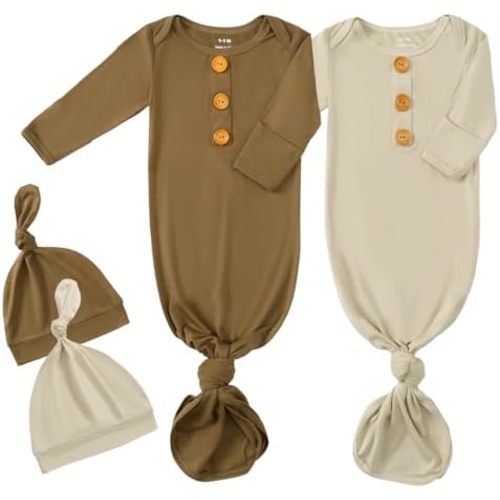 OPAWO Knotted Gown Baby Newborn Sleepers Baby Boy Coming Home Outfit, Bamboo Viscose Baby Gowns with Mitten Cuffs and Hat Set