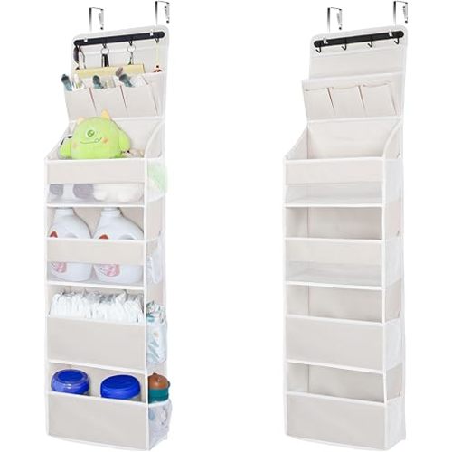 Over The Door Organizer, 5 Large Capacity Pockets Anti Tilt Oxford Fabric Hanging Storage, No-Scratch Hooks, Bathroom Bedroom Pantry Nursery Dorm Laundry Room Space Saving Holds 50lbs(Beige,1 Pack)