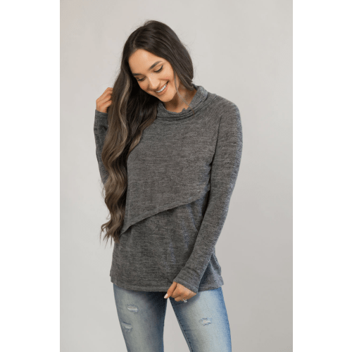 Nursing Sweater With Asymmetrical Flap- Gray