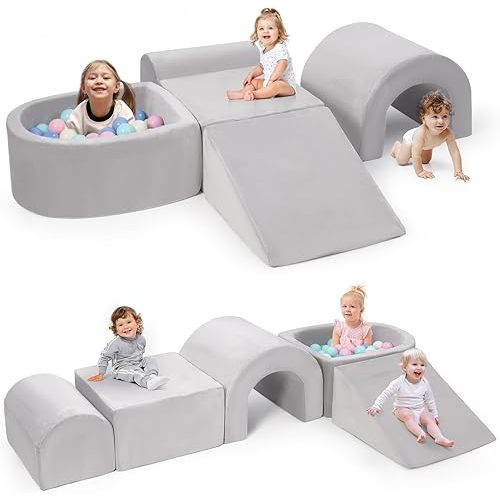 Foam Climbing Blocks for Toddlers, 5-Piece Tunnel Climber and Crawl Playset, Indoor Activity Play with Large Ball Pit, Machine Washable Velvet Cover, Soft Climbing Toy for Kids (Gray)