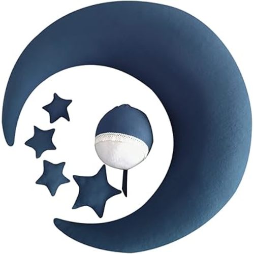 Newborn Photography Props Cushion Pillow Moon Star Pillow Set Baby Photoshoot Posing Bean Photography Backdrop 1 Baby Photo Pillow, 1 Baby Hat, 4 Star Ornament for Infant Boy or Girl Baby Picture Prop