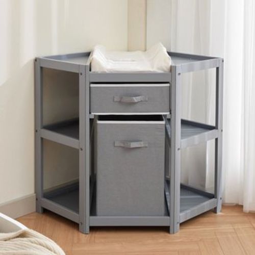 COZONY Corner Diaper Changing Table, Baby Changing Station with Storage Drawer and Laundry Hamper for Nursery Organization