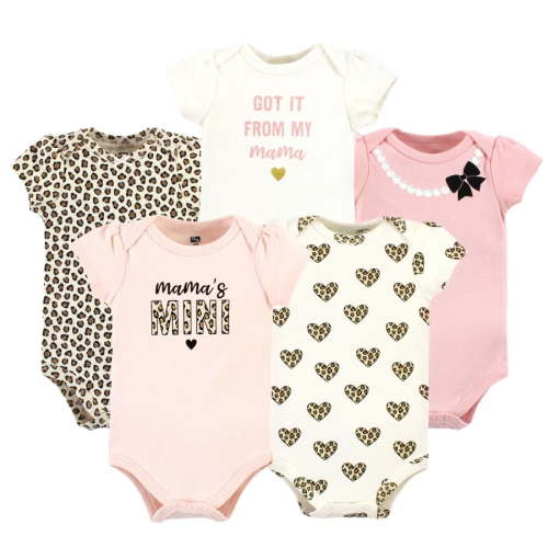 Hudson Baby Infant Girl Cotton Bodysuits, Leopard Hearts 5 Pack, 6-9 Months