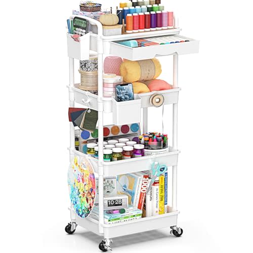 EaseSky 4 Tier Rolling Utility Cart with Drawer, Utility Storage Organizer with Plastic Shelf & Lockable Wheels Multifunctional Storage Cart for Kitchen, Bathroom, Office, Living Room, White