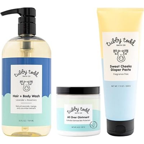 TUBBY TODD Baby Bundle Newborn Skin Care Set - Hypoallergenic Hair + Body Wash, All Over Ointment with Colloidal Oatmeal, Sweet Cheeks Diaper Paste - Lavender Rosemary, Full Size