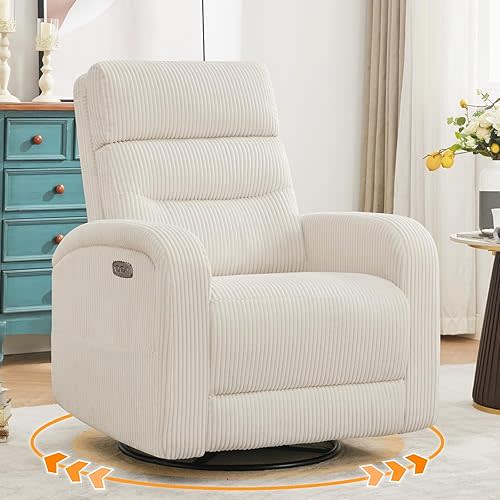 Power Nursery Swivel Recliner, Electric Rocking Recliner with USB and Type-C Port, Swivel Glider Nursery Recliners for Living Room,Corduroy White