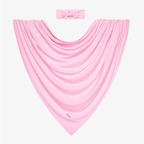 Posh Peanut Solid Ribbed Infant Swaddle & Headwrap Set - Posh Pink