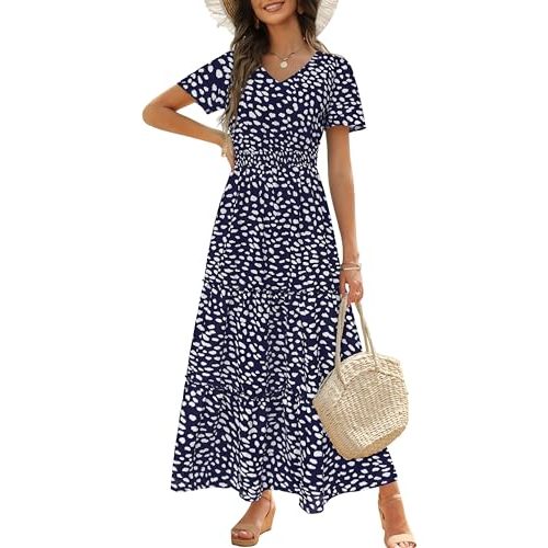 Zattcas Womens 2025 Long Summer Dress Short Flutter Sleeve V Neck Casual Smocked Tiered Modest Floral Boho Maxi Dress