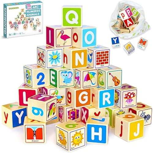 QUOKKA Wooden Puzzles Blocks for Toddlers 1-3 Large - 26 Alphabet & Numbers Baby Blocks for Kids Ages 2-4 Gift Wood Stacking & Building Toys for Learning ABC Letters for Boys and Girls 2-4