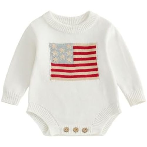 Infant Baby Boy Girl American Flag Sweater Romper Long Sleeve USA Knit Bodysuit 4th of July Patriotic Outfit