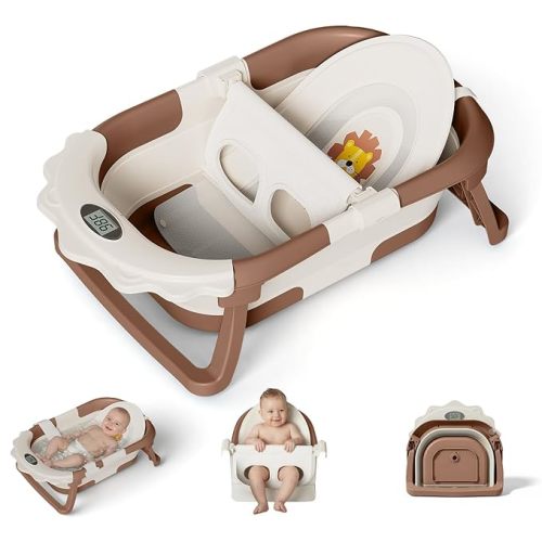 MoreFeel Foldable Baby Bathtub with Thermometer - 4-in-1 Grow-with-Me Collapsible Infant Tub (Newborn to Toddler) with Adjustable Mesh Sling - Space Saving Design